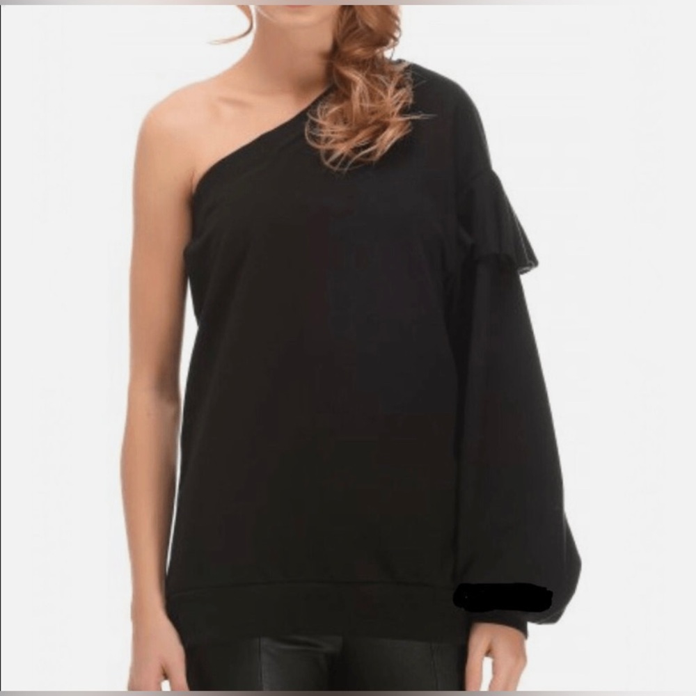 Zara Black Ruffle One Shoulder Statement Sleeve Cotton Sweater Size S/M NWOT